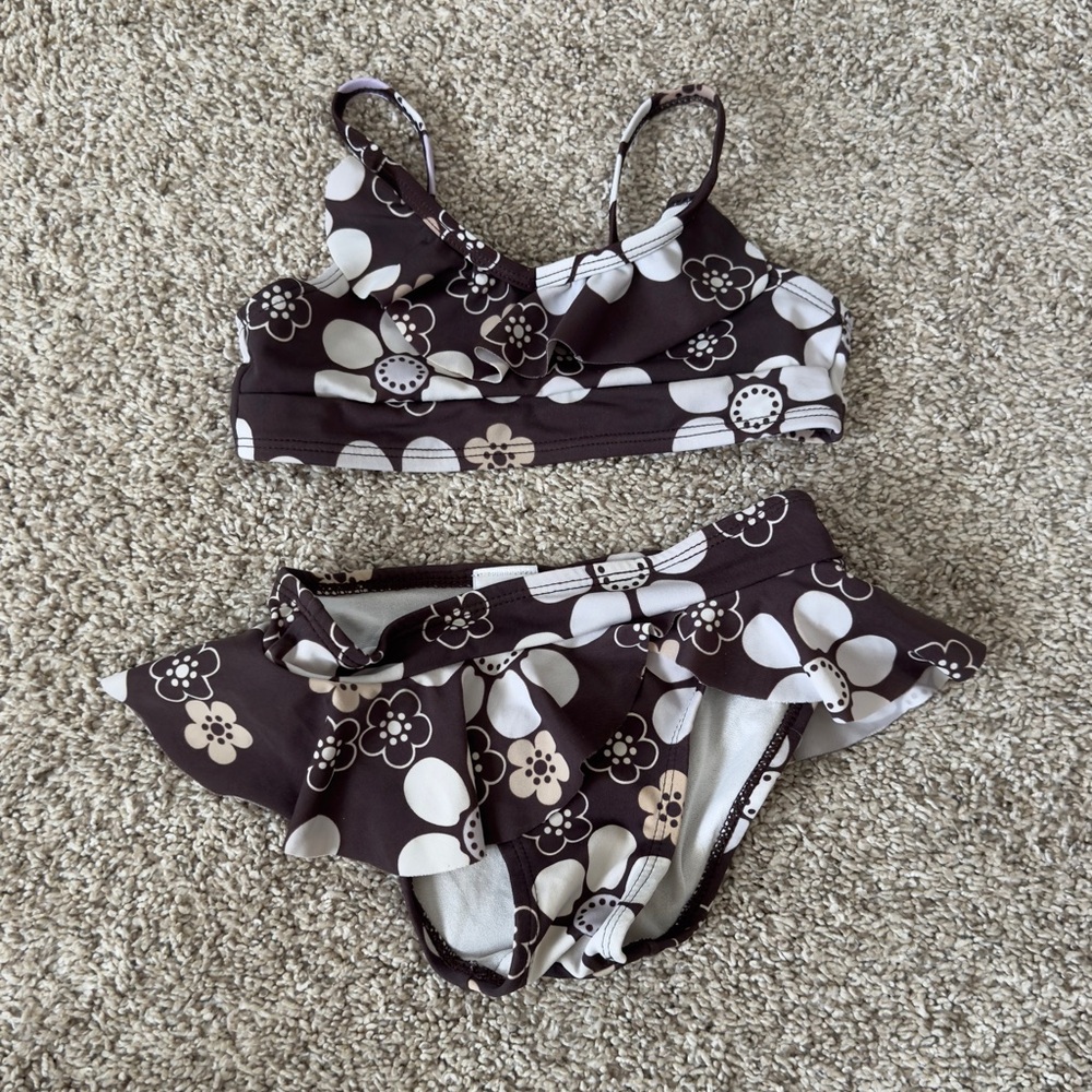 Gymboree Girl’s brown floral flower Two Piece bikini bathing suit Swimsuit sz 4
